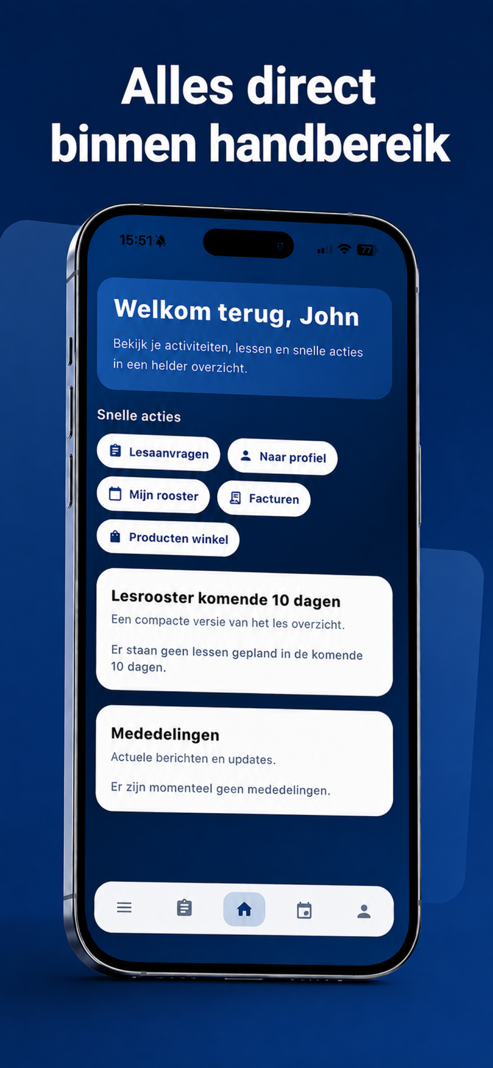 SkiNext mobiele app dashboard