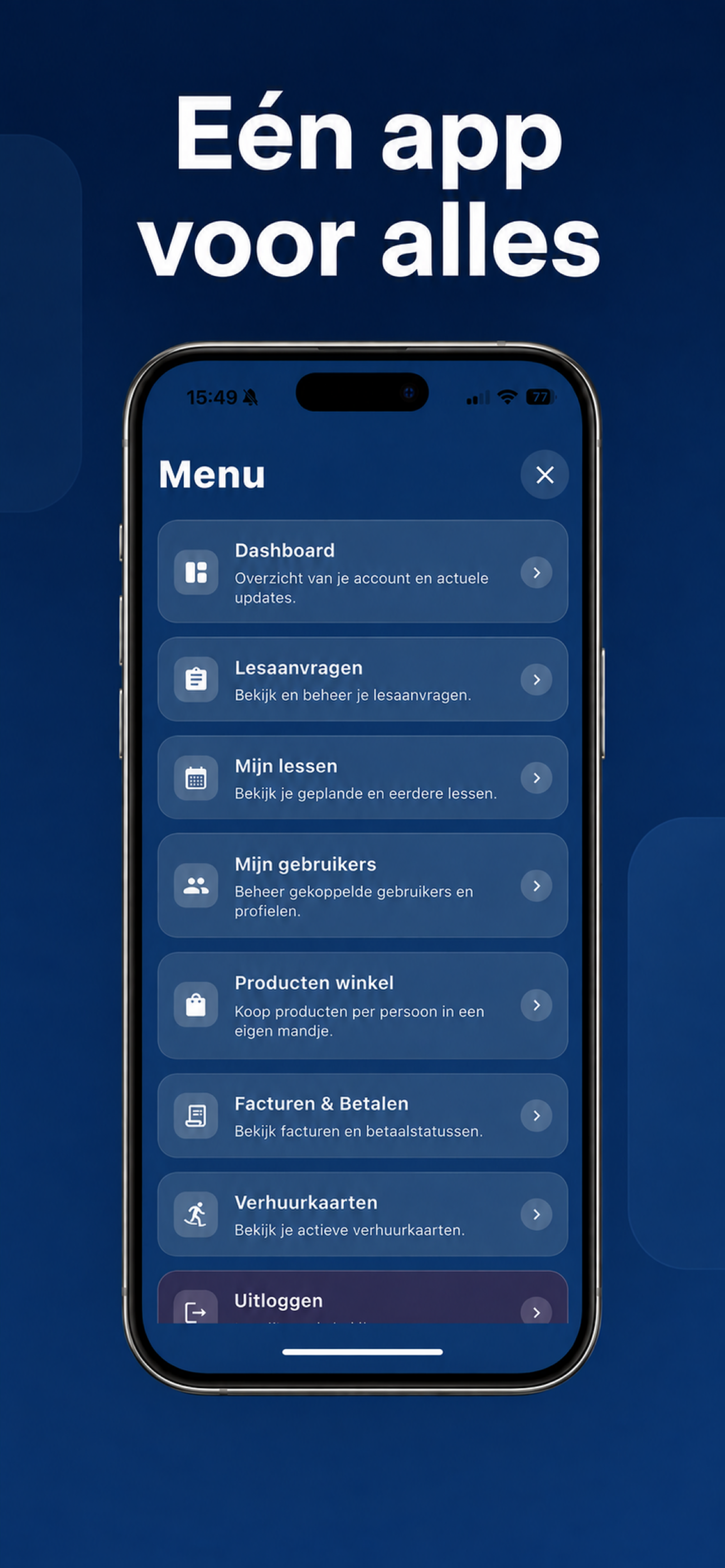 SkiNext mobiele app menu