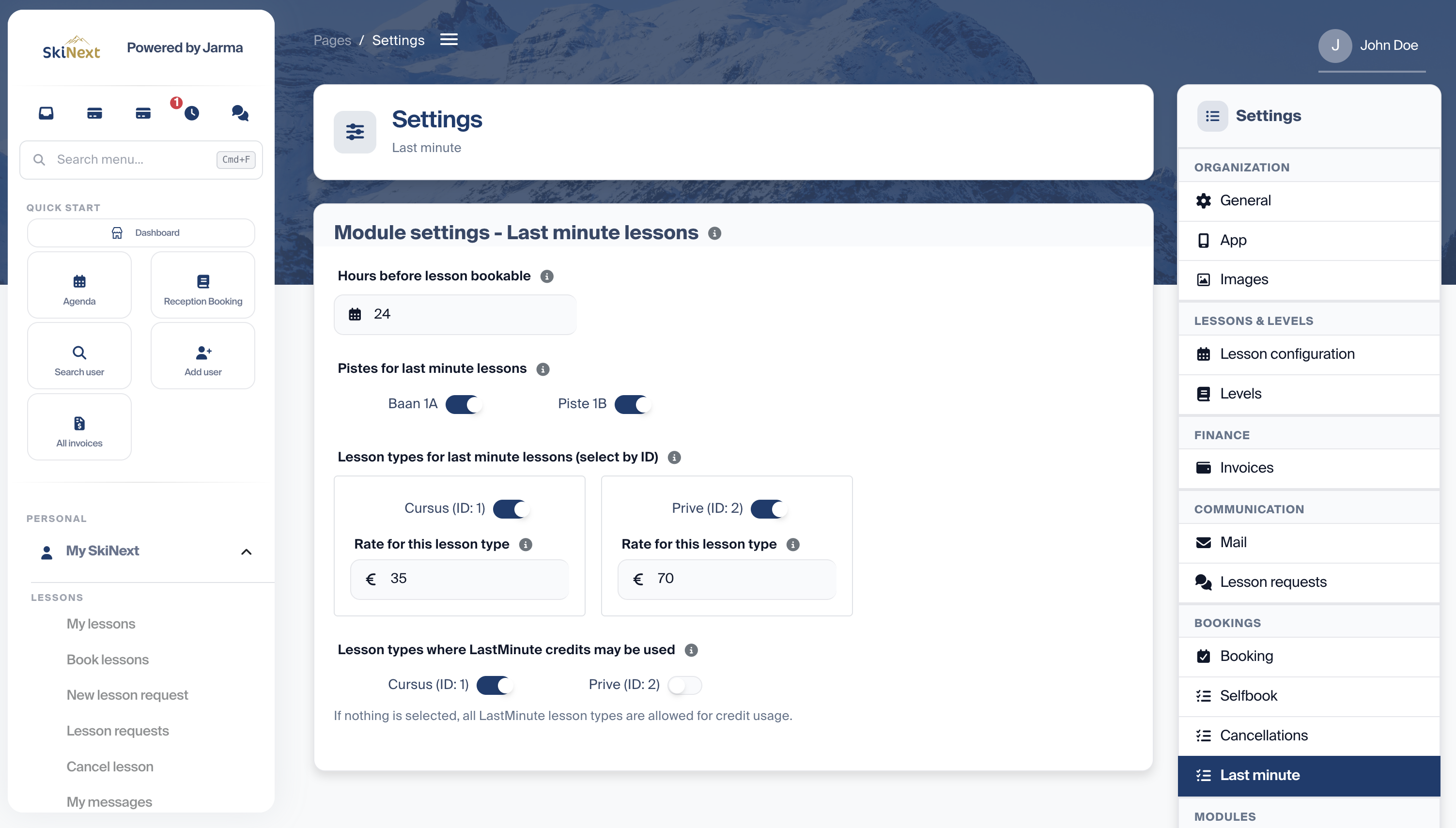 Instellingen voor Last Minute Lessen in SkiNext