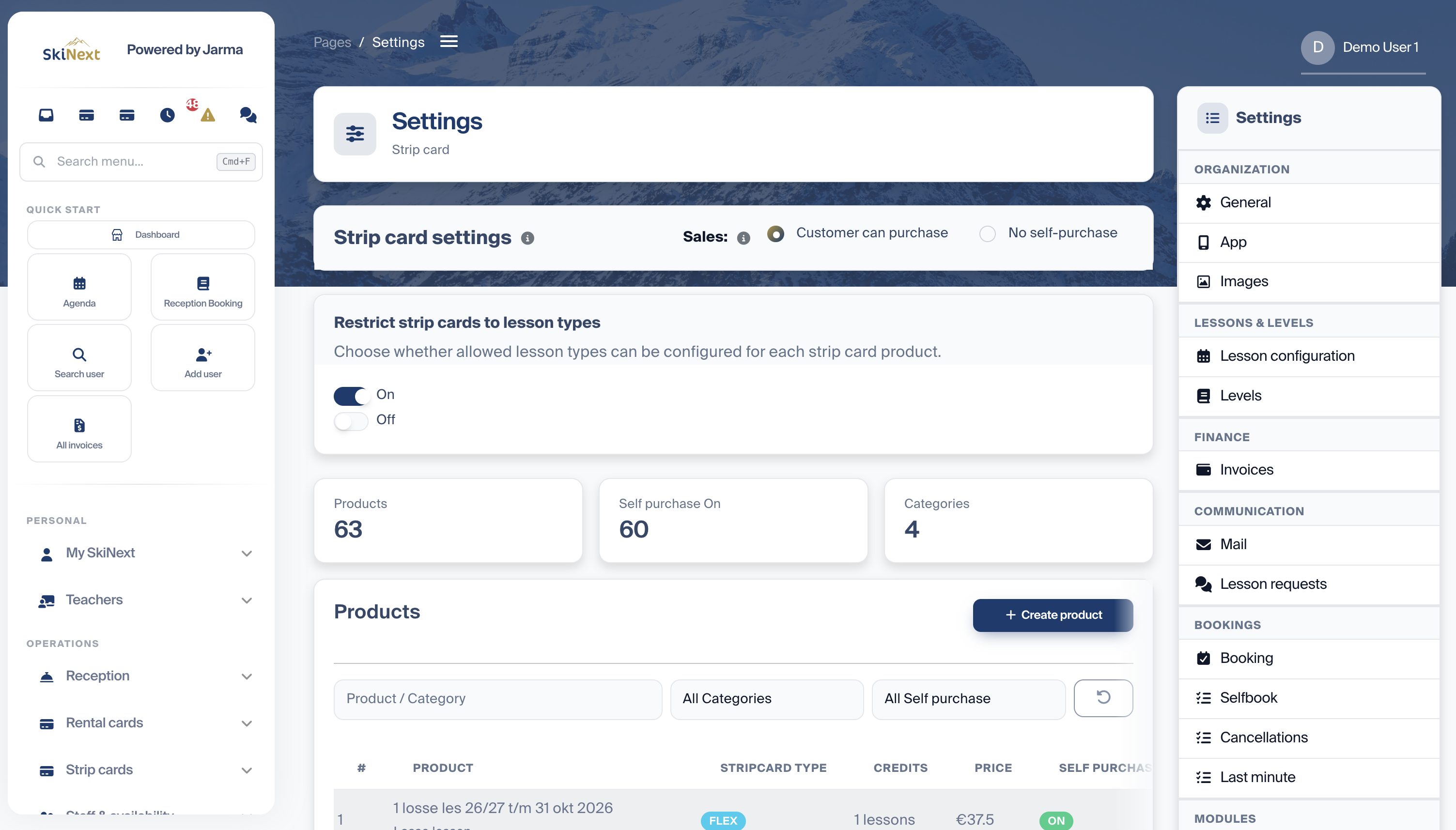 Overzicht van de Strippenkaart-module in SkiNext